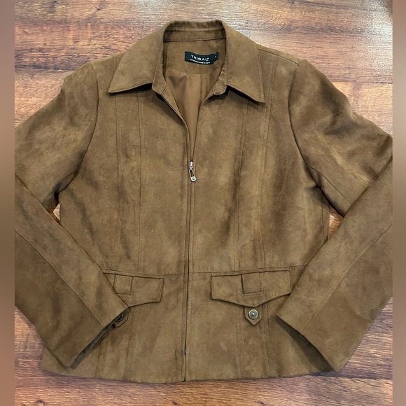 Tribal Women's Size 8 Brown Faux Suede Leather Collared Zip Front Blazer - Picture 1 of 6